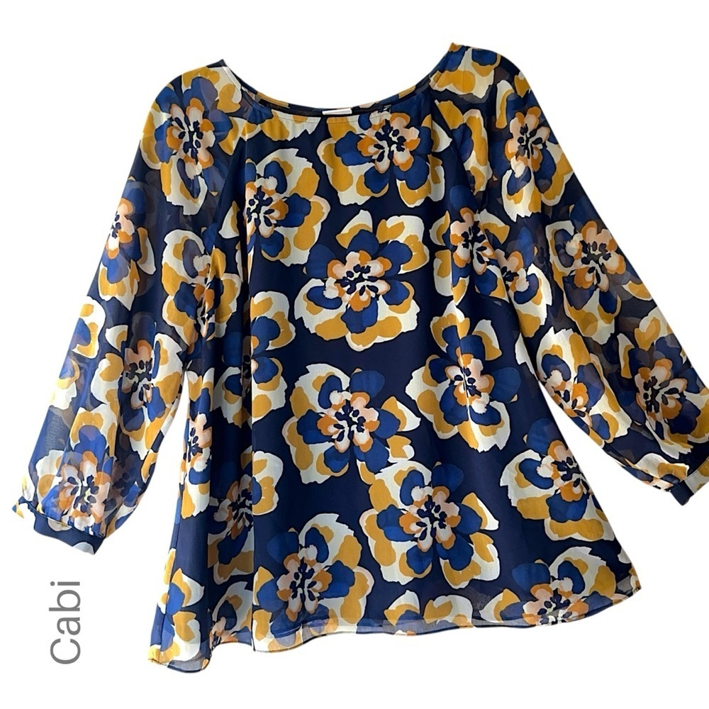 CABI | NWOT LYDIA FLORAL BLOUSE NAVY BLUE & GOLD LINED SHEER 3/4 SLEEVES | XL